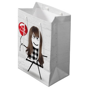 Sacola Para Presentes Média Birthday Stick Girl with Balloon on Wood  
