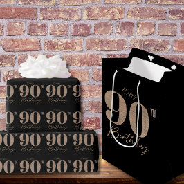 Sacola Para Presentes Média Black and Gold Glitter Numeral 90th Birthday 