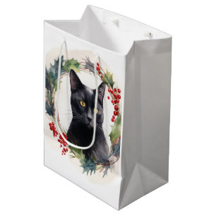 Sacola Para Presentes Média Black Cat Wreath Festivo Kitten