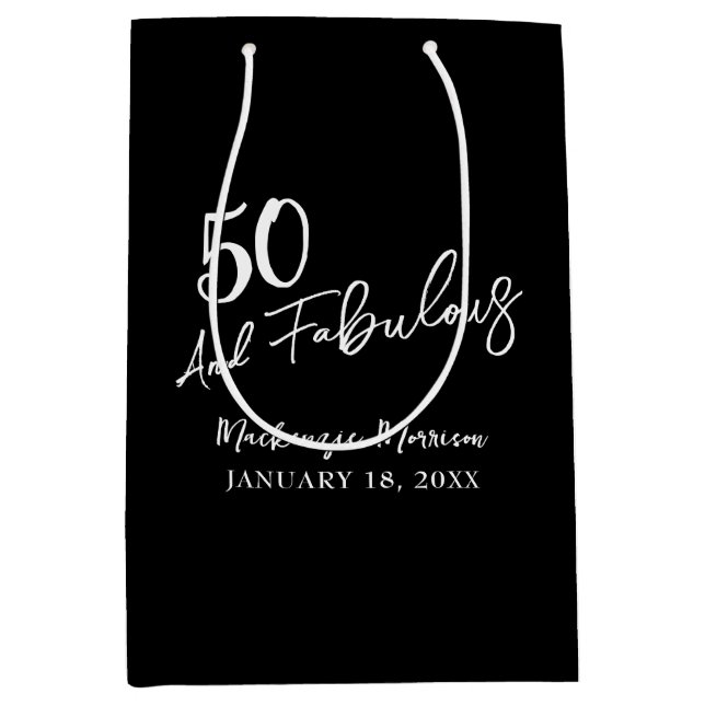 Sacola Para Presentes Média Black Fifty and Fabulous Script Birthday Party (Frente)