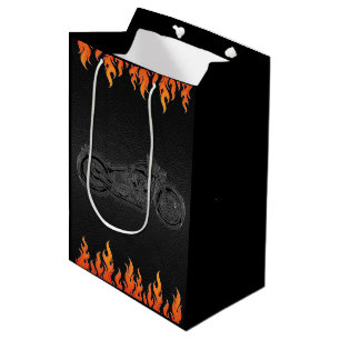 Sacola Para Presentes Média Black Leather Orange Flames Motorcycle Bikers Part