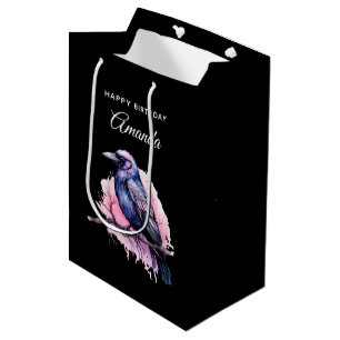 Sacola Para Presentes Média Black Raven no Branch Illustration Aniversário