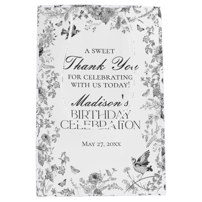 Sacola Para Presentes Média Black Toile De Jouy Floral Birthday Party Favors (Frente)