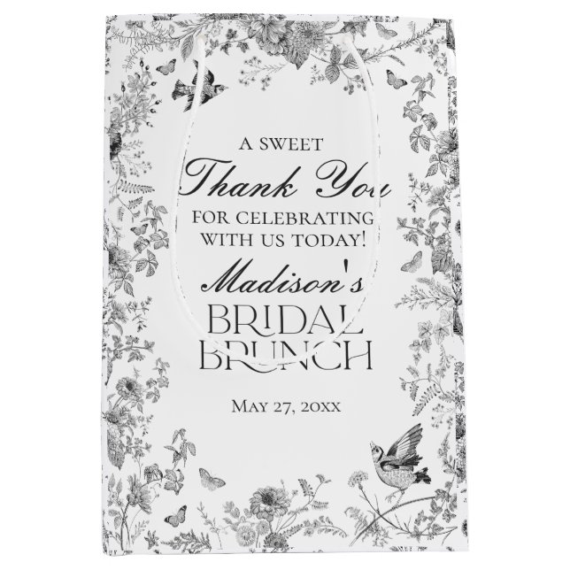 Sacola Para Presentes Média Black Toile De Jouy Floral Bridal Brunch Favors (Frente)