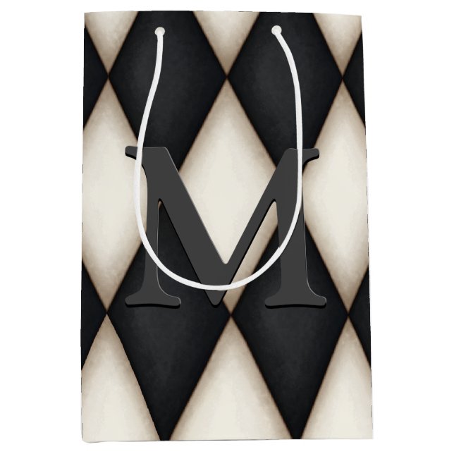 Sacola Para Presentes Média Black & White Harlequin Check Elegant 3-D Monogram (Frente)