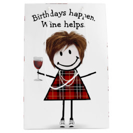 Sacola Para Presentes Média Bloco de Aniversário Figura Garota com Vinho Verme