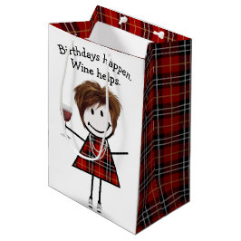Sacola Para Presentes Média Bloco de Aniversário Figura Garota com Vinho Verme