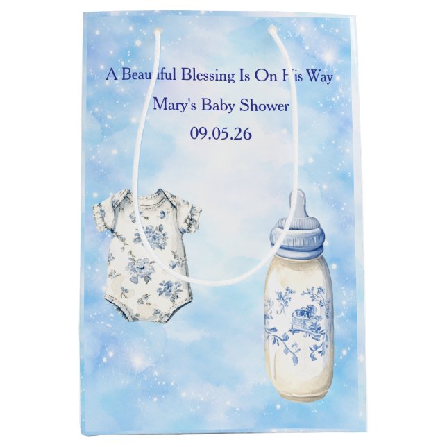 Sacola Para Presentes Média Blue Chinoiserie Baby Shower Gift Bags (Frente)