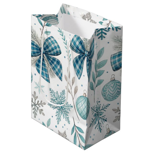 SACOLA PARA PRESENTES MÉDIA BLUE & GRAY CHRISTMAS BALLS & BOWS (Frente inclinada)