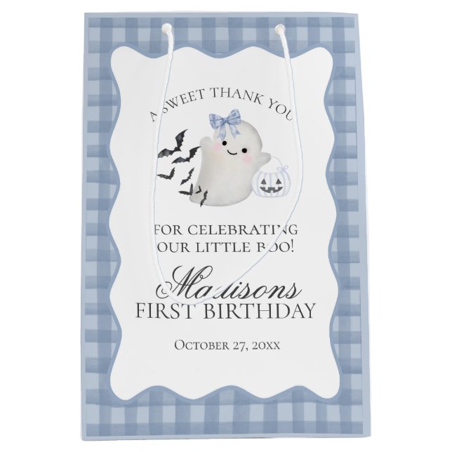 Sacola Para Presentes Média Blue Pastel Little Boo Ghost Birthday Party Favors (Frente)