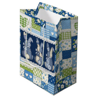 Sacola Para Presentes Média Blue Patchwork Bunnies 