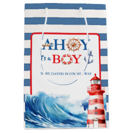 Sacola Para Presentes Média Blue Red Nautical Ahoy Boy Lighthouse Baby Shower