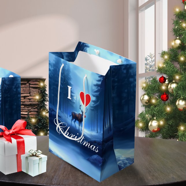Sacola Para Presentes Média Blue Reindeer Custom Christmas (Criador carregado)