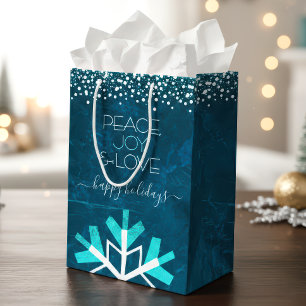 Sacola Para Presentes Média Blue Snowflake Modern Peace Joy Typografia do Amor