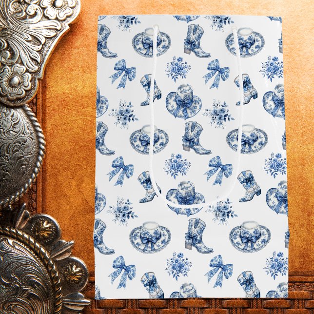 Sacola Para Presentes Média Blue White Cowgirl Boots Arcos Toile Chinoiserie (Criador carregado)
