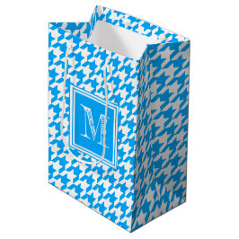 Sacola Para Presentes Média Blue White Houndstooth | Monograma Moderno