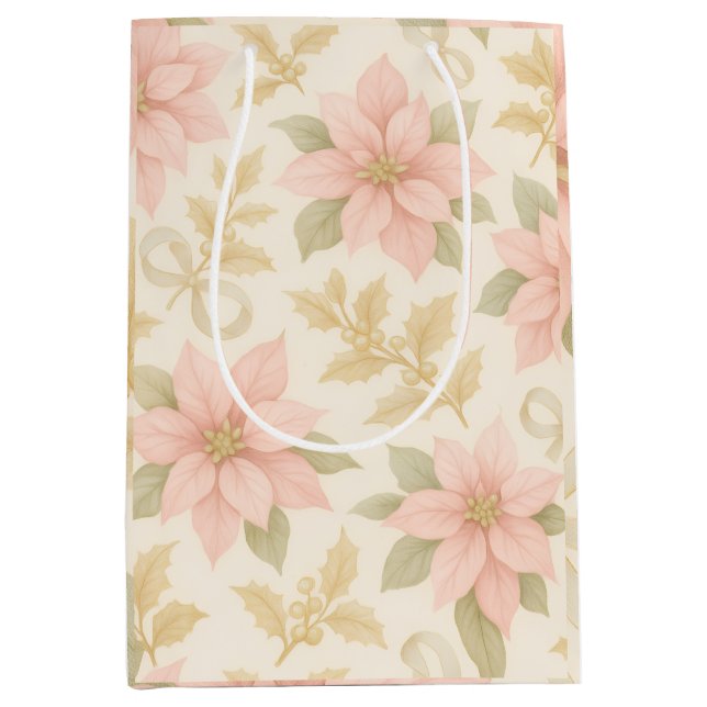 Sacola Para Presentes Média Blush Pink Poinsettia Holiday Gift Bag (Frente)