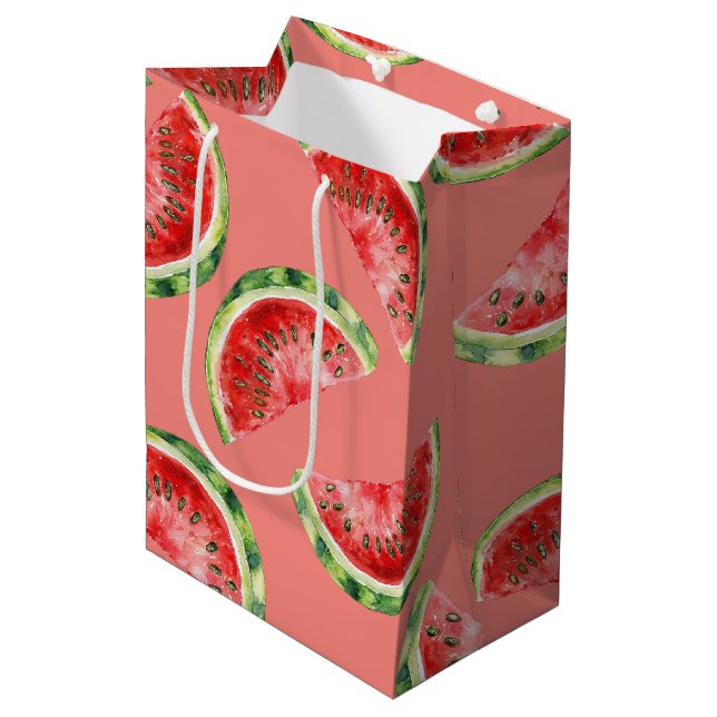 Sacola Para Presentes Média Blush Rose Red Green Watermelons Birthday (Frente inclinada)