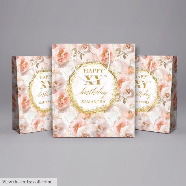 Sacola Para Presentes Média Boas Rosa claro com 70 Dourada no Aniversário (Sparkling Light Pink Boho Gold 70th Birthday Medium Gift Bag)