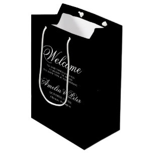 Sacola Para Presentes Média Boas-vindas ao Casamento Negro Elegante