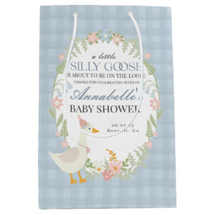 Sacola Para Presentes Média Bobo Azul Ganso Floral Gingham Chá de fraldas Favo