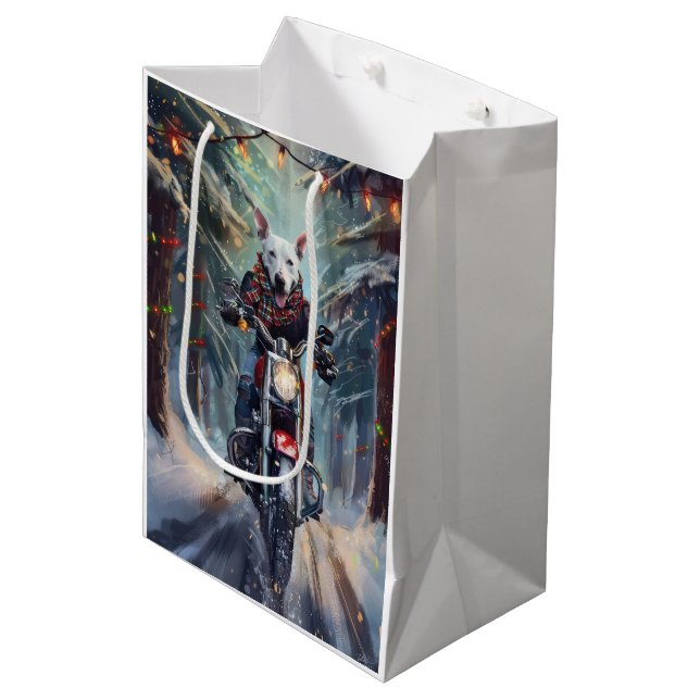 Sacola Para Presentes Média BoBull Terrier Dog Dirigindo motocicleta Natal (Frente inclinada)