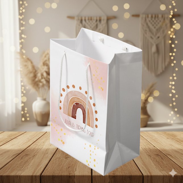 Sacola Para Presentes Média Boho aquarela arco-íris Aniversário (Criador carregado)