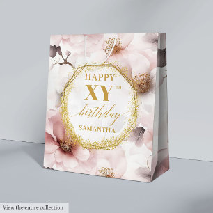 Sacola Para Presentes Média Boho Dourado de aniversário, , Rosa, brilhando