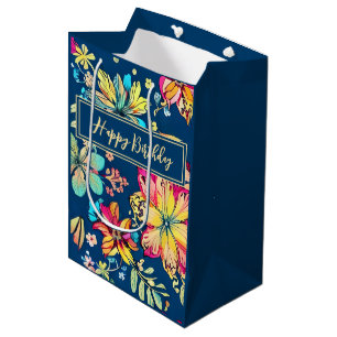 Sacola Para Presentes Média Boho Floral Bohemian Flower Feliz Aniversário