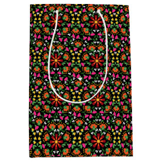 Sacola Para Presentes Média Boho Floral Laranja Cor-de-Rosa Preto