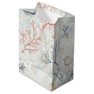 Sacola Para Presentes Média Boho Luxo Padrão de Coral Costeiro em Aquarela (2)