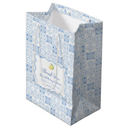 Sacola Para Presentes Média Boho Wavy Border Lemon Blue Azulejo Casamento Bem-