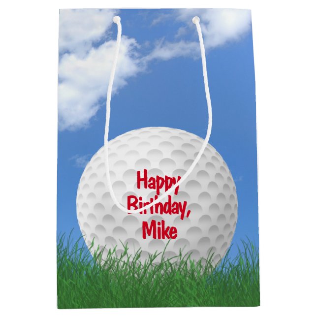 Sacola Para Presentes Média bola de golfe de aniversário com nome (Frente)