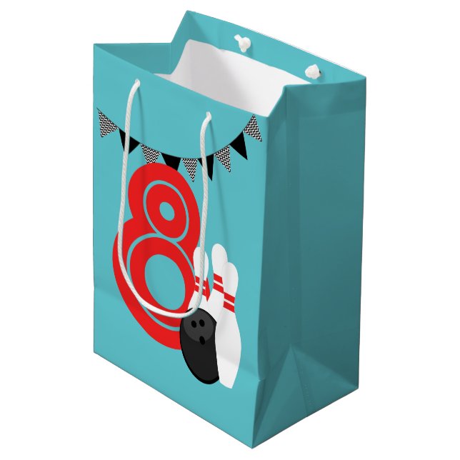 Sacola Para Presentes Média Boliche Teal Blue Retro Birthday Gift Bag (Frente inclinada)