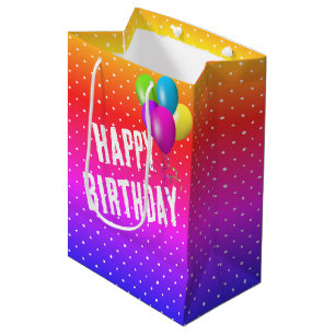 Sacola Para Presentes Média Bolinhas Arco-Íris Com Balões De Aniversário