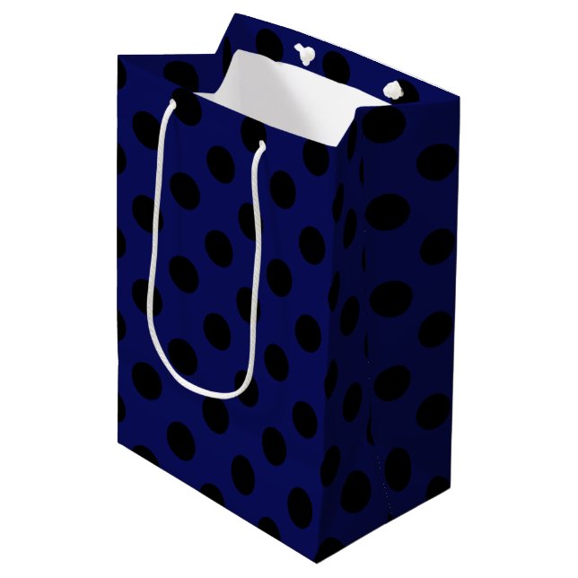 Sacola Para Presentes Média Bolinhas pretas em azul marinho (Frente inclinada)
