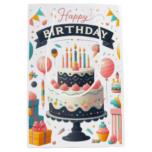 Sacola Para Presentes Média Bolo de Aniversário Alegre e Balões