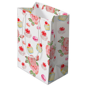 Sacola Para Presentes Média Bolos doces e rosas de aquarela