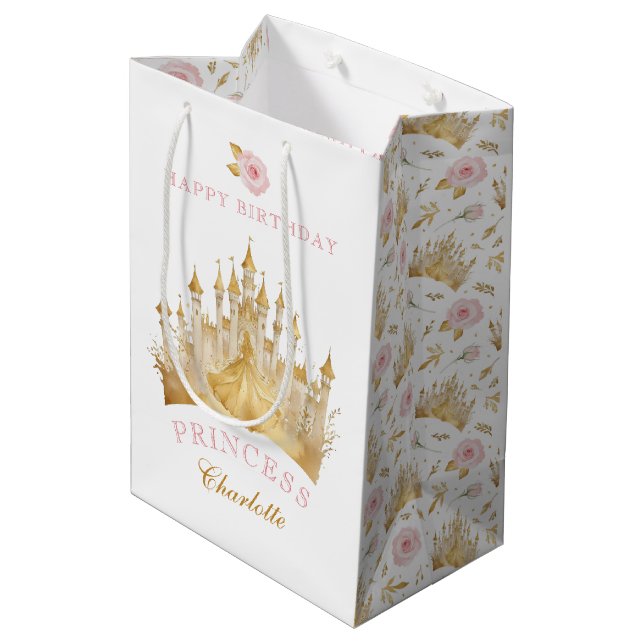 Sacola Para Presentes Média Bolsa de Presente da Princesa Dourada e Rosa (Verso inclinado)
