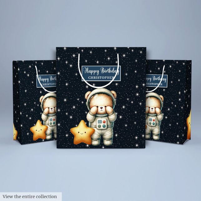 Sacola Para Presentes Média Bolsa de Presente de Aniversário com Urso de Explo (Boy Birthday Gift Bag with Space Explorer Bear)
