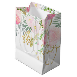 Sacola Para Presentes Média Bolsas MÉDIAS das Flores Douradas de Aquarela Cor