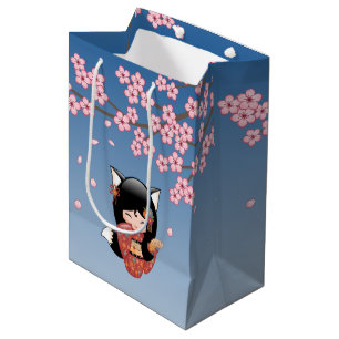 Sacola Para Presentes Média Boneca Kokeshi Kitsune - Garota Geisha Raposa Pret