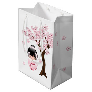 Sacola Para Presentes Média Boneca Kokeshi Quimono Rosa Kawaii
