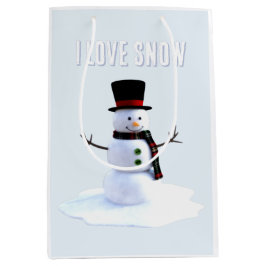 Sacola Para Presentes Média Boneco de neve com chapéu e cachecol. Eu Amo Neve