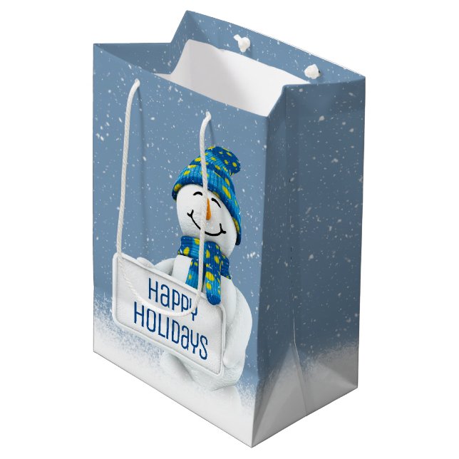 Sacola Para Presentes Média Boneco de Neve com Placa na Neve (Frente inclinada)