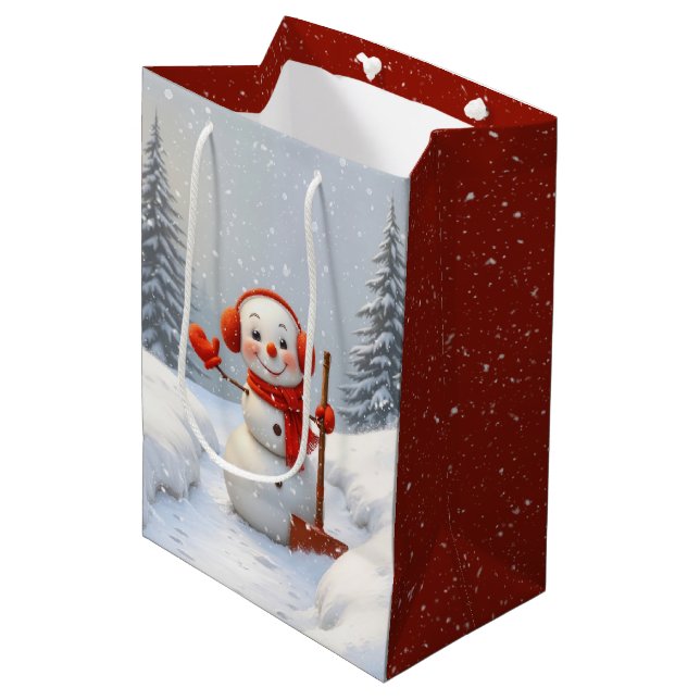 Sacola Para Presentes Média Boneco de Neve de Natal Com Pás Vermelhas (Frente inclinada)