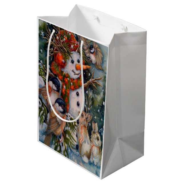 Sacola Para Presentes Média Boneco de neve e pássaro (Verso inclinado)