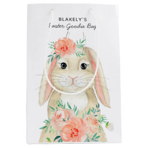 Sacola Para Presentes Média Bonita Aquarela Páscoa Floral Bunny Nome