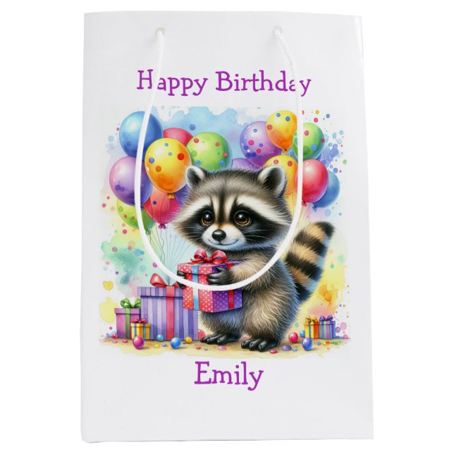 Sacola Para Presentes Média Bonita Cartoon Raccoon - Aniversário Personalizado (Frente)