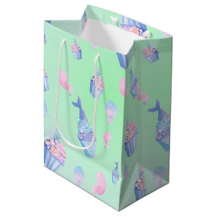 Sacola Para Presentes Média Bonita cupcake-sereia Feliz Aniversário Rapariga